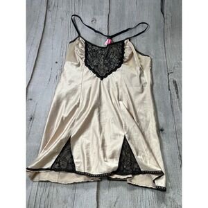 Cosmopolitan Chemise Women XL Champagne Gold Black Lace Trim Coquette Satin Slip